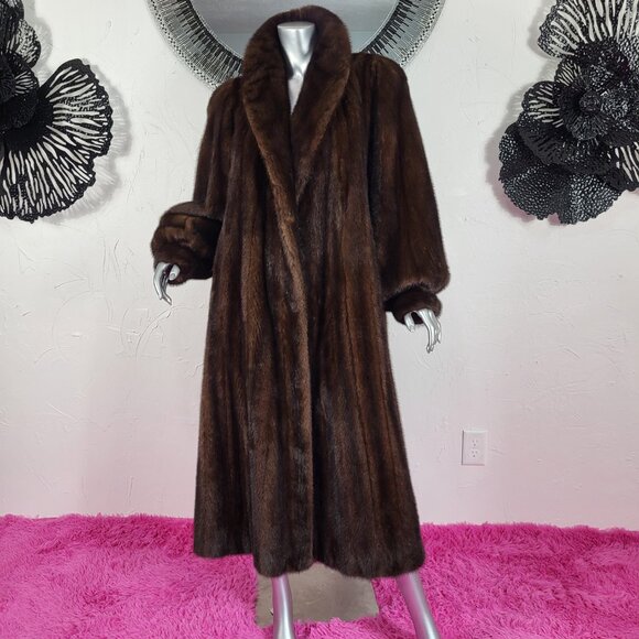 VINTAGE~PLUS 1X/2X~RANCH BROWN MAHOGANY GENUINE REAL FULL LENGTH MINK FUR COAT - Picture 6 of 16